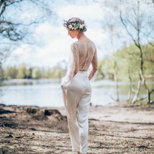 Like New Sanyukta Shrestha Middlemist Ivory 100% Silk Bridal Jumpsuit UK10 US6